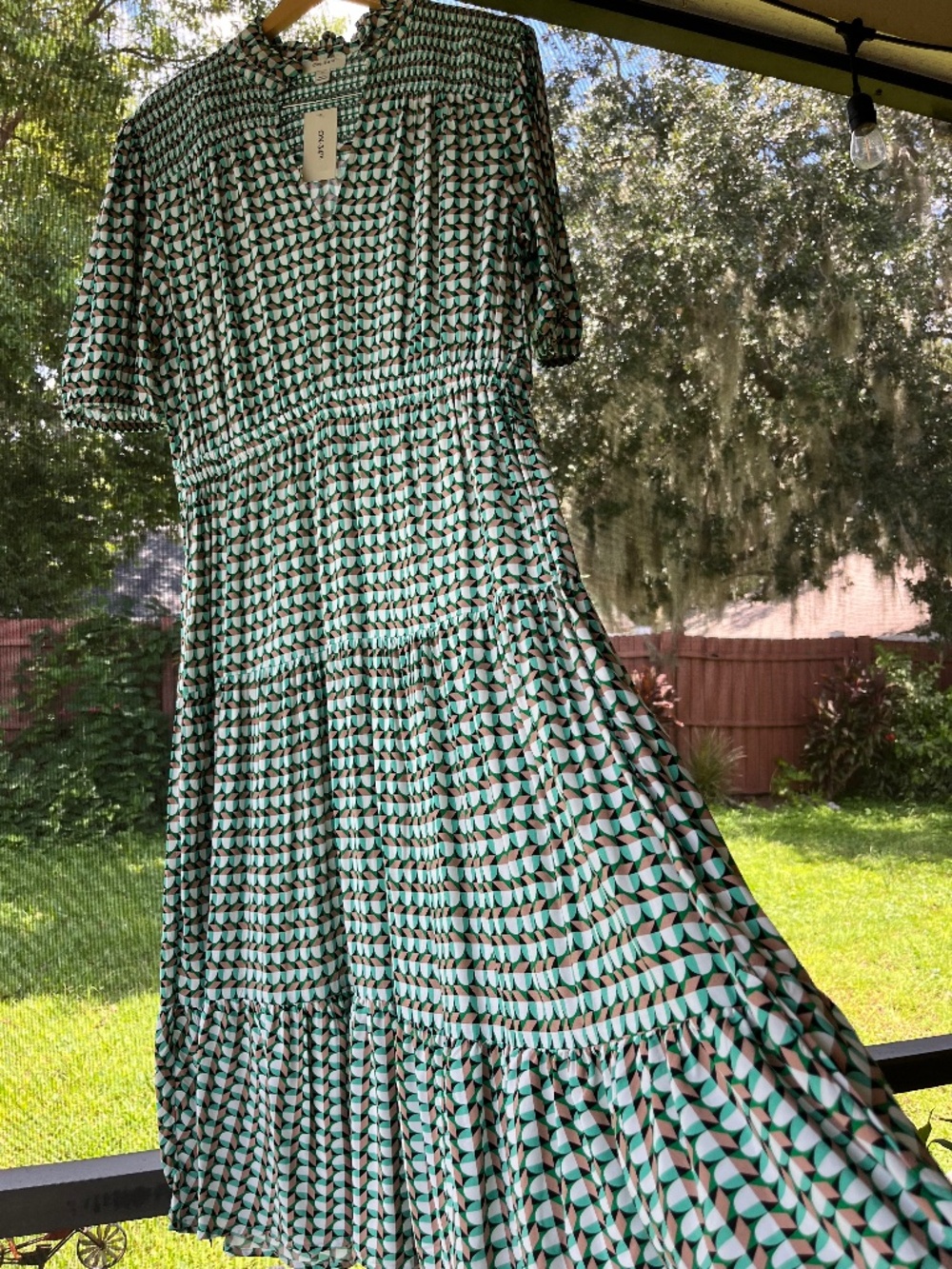 ON 34TH green and brown geometric print smocked Dress size XL